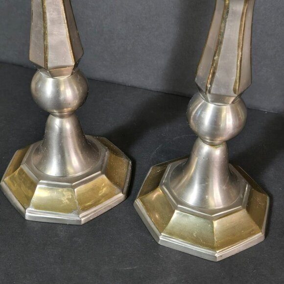 Vintage Pair 10" Solid Brass Two-tone Taper Candle Candlestick Holders India - Picture 2 of 12